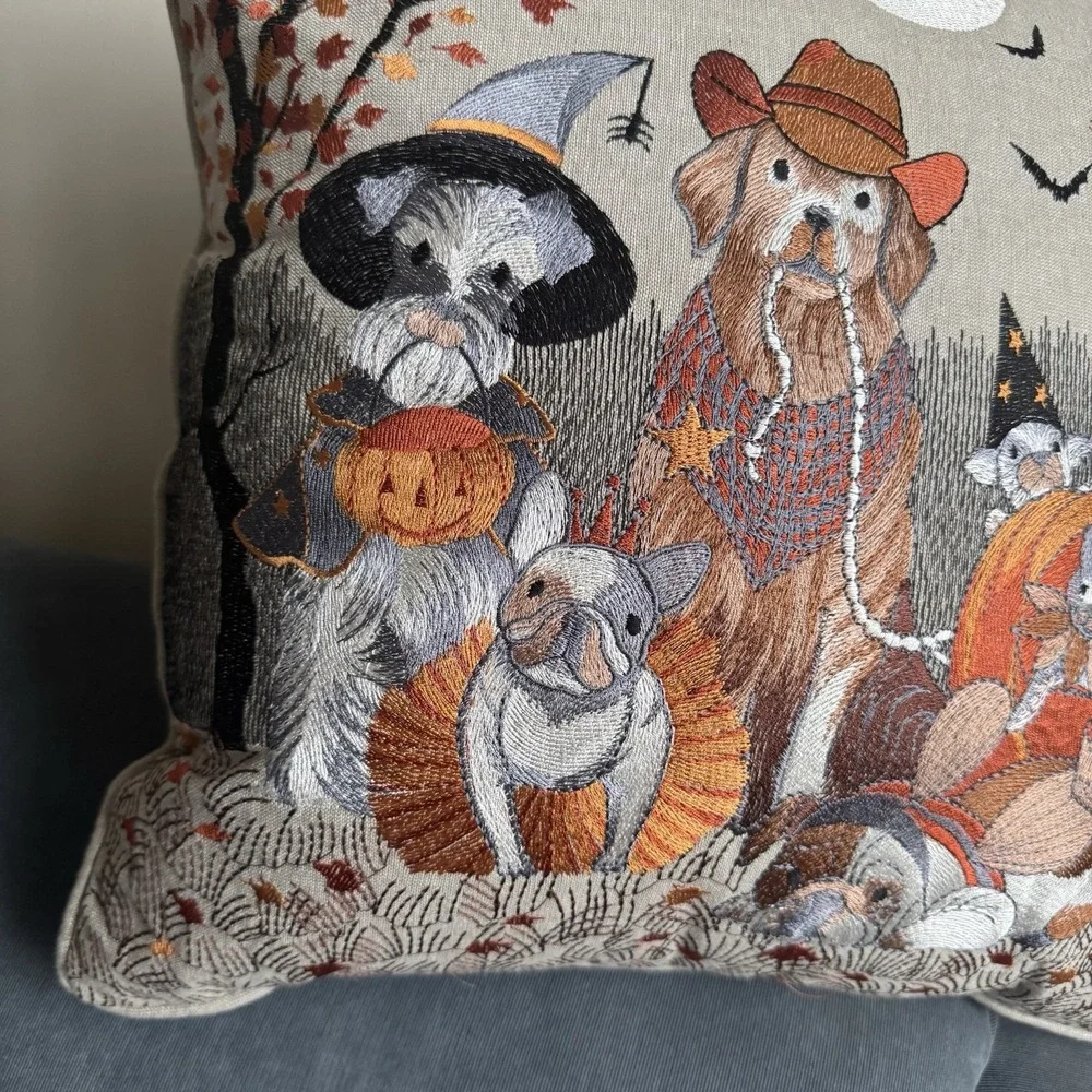 PIER1 HALLOWEEN EMBROIDERED DOG AND CAT PILLOW BNWT